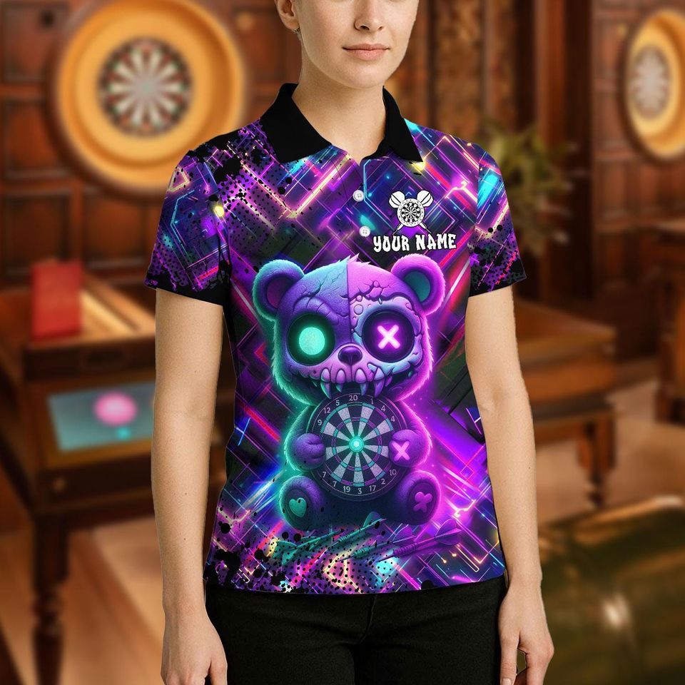 Personalized Name Dart Polo Shirt, Scary Teddy Bear Dartboard Design, Custom Team Shirt for Men, Gift for Darts Players