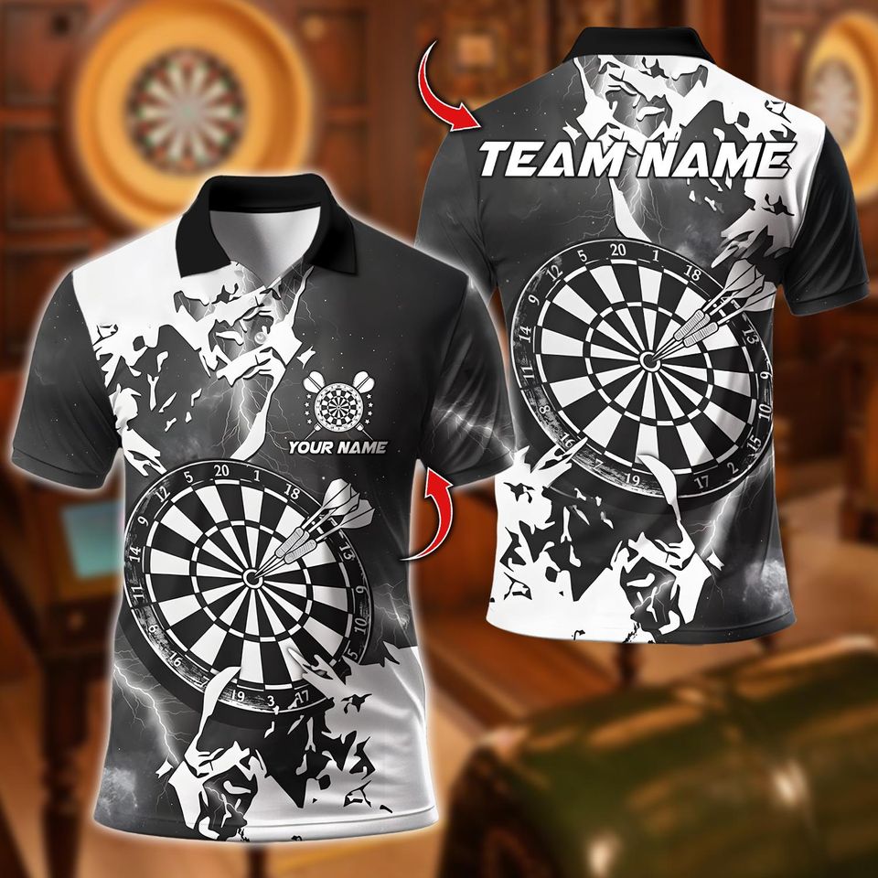 Personalized Name Dart Polo Shirt, Lightning Grunge Dartboard Design ,Custom Team Shirt for Men Women, Gift for Darts Players