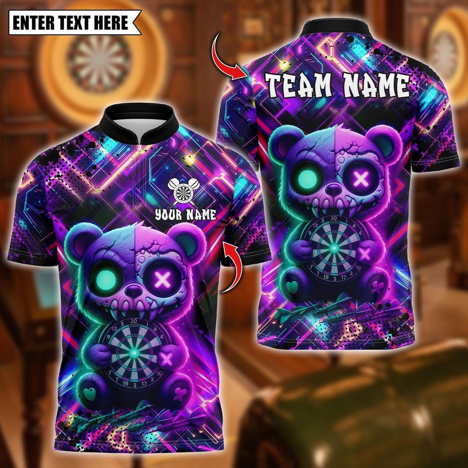 Personalized Name Dart Polo Shirt, Scary Teddy Bear Dartboard Design, Custom Team Shirt for Men, Gift for Darts Players