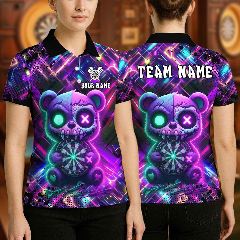 Personalized Name Dart Polo Shirt, Scary Teddy Bear Dartboard Design, Custom Team Shirt for Men, Gift for Darts Players