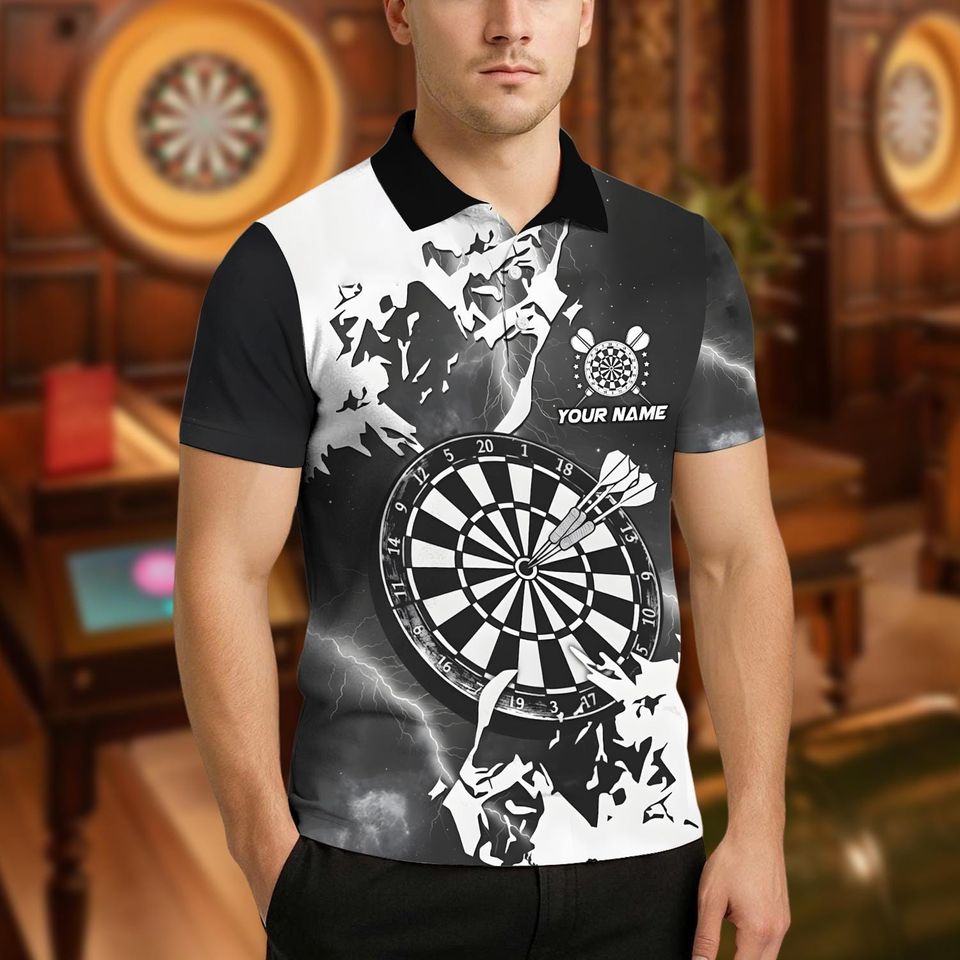 Personalized Name Dart Polo Shirt, Lightning Grunge Dartboard Design ,Custom Team Shirt for Men Women, Gift for Darts Players