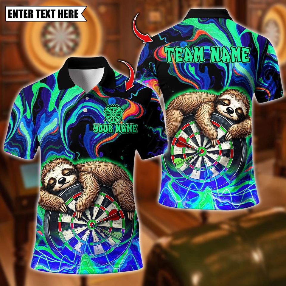 Custom Name Dart Polo Shirt, Sleeping Sloth On Dartboard Design, Personalized Team Shirt for Men, Gift for Darts Players