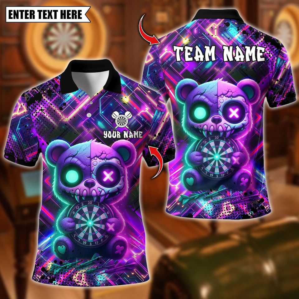 Personalized Name Dart Polo Shirt, Scary Teddy Bear Dartboard Design, Custom Team Shirt for Men, Gift for Darts Players