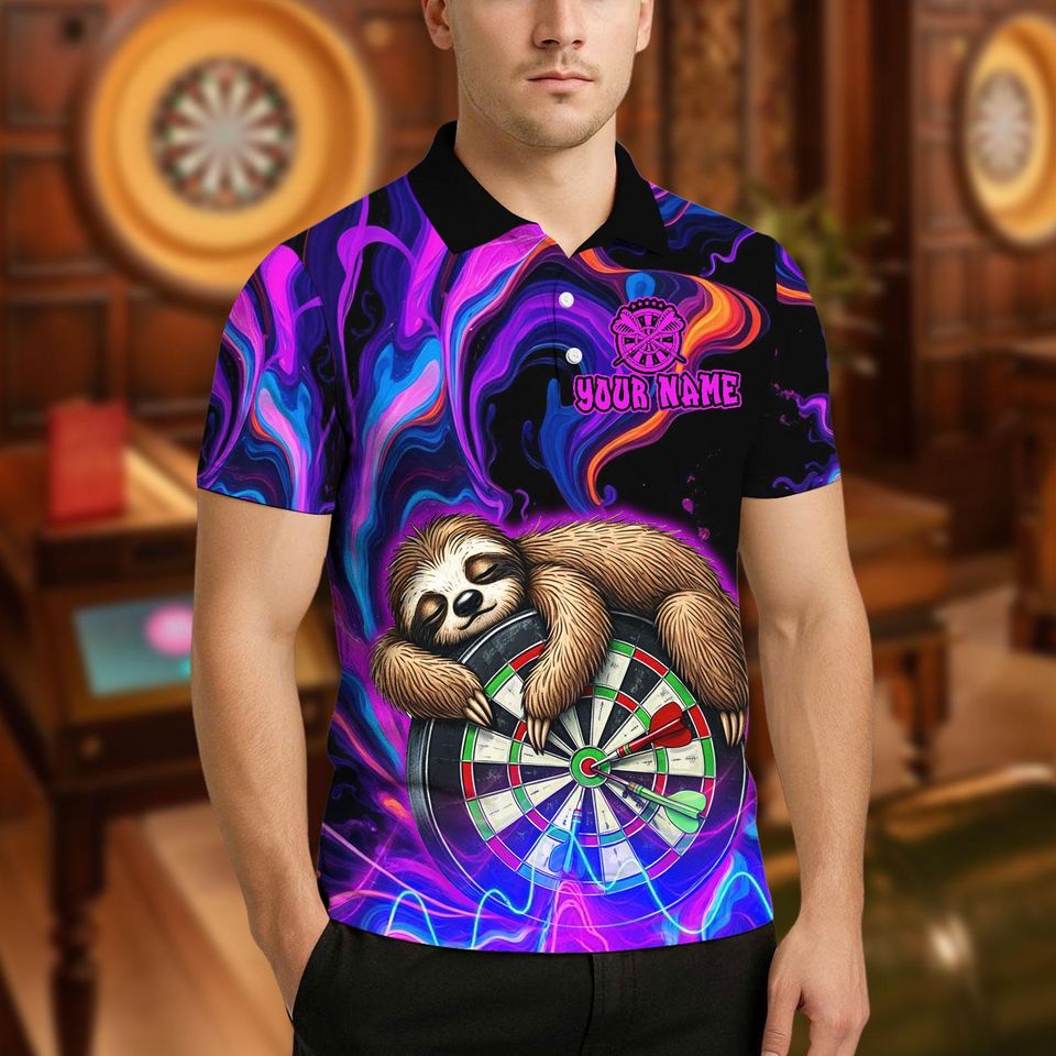 Custom Name Dart Polo Shirt, Sleeping Sloth On Dartboard Design, Personalized Team Shirt for Men, Gift for Darts Players