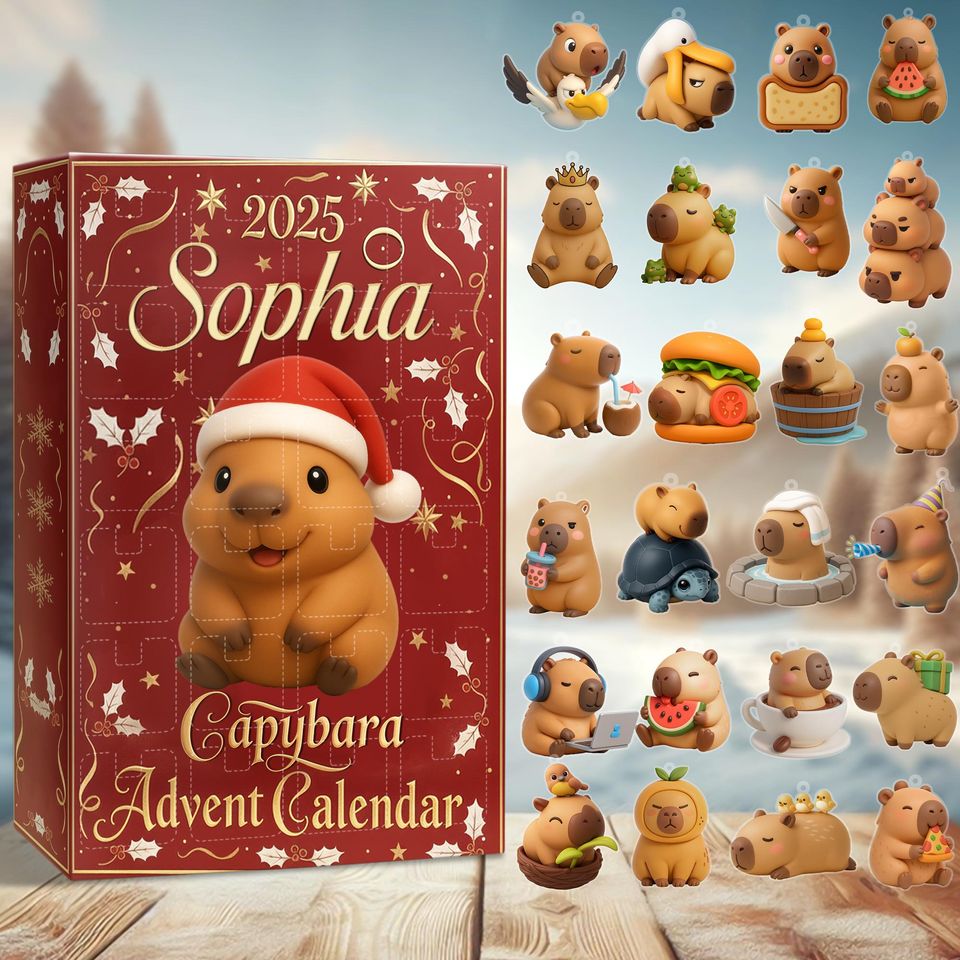 Personalized Capybara Advent Calendar 2025, 24 Kawaii Christmas Ornaments