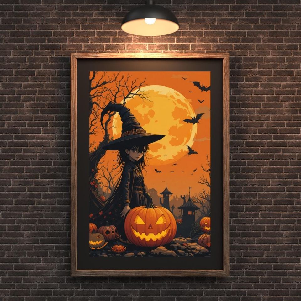 Halloween Creepy Wall Art Poster, Ghosts Pumpkins and Witches