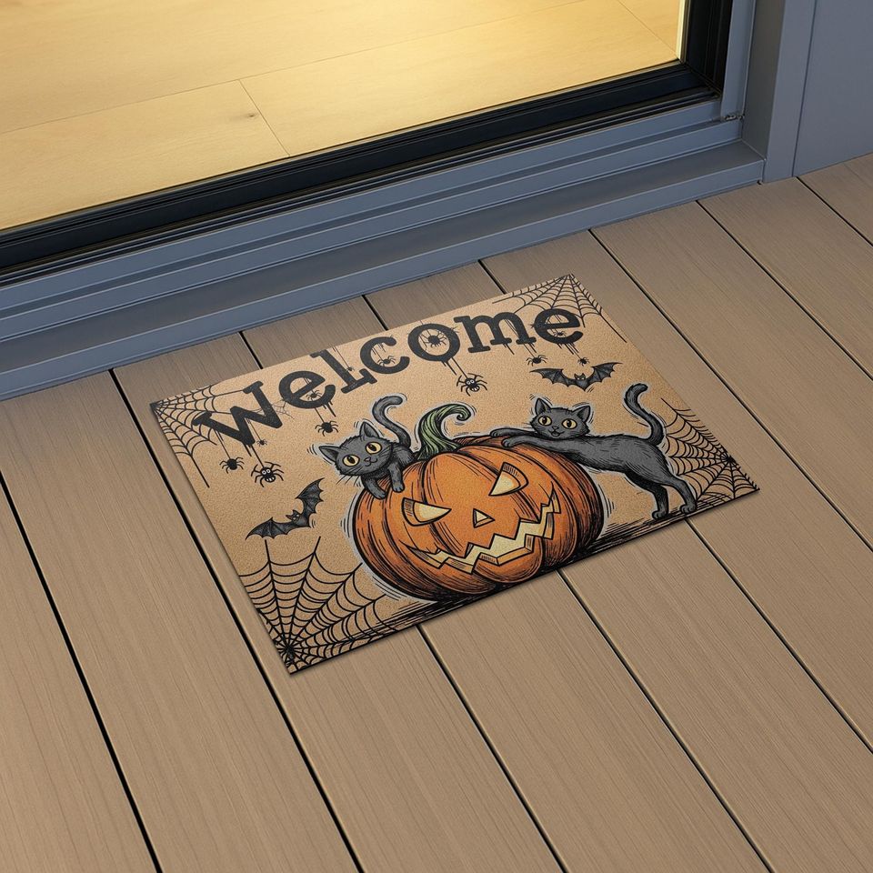 Halloween Welcome Doormat, Black Cat Pumpkin Outdoor Mat, Spooky Cute Fall Decor, Front Porch Rug, Funny Autumn Door Mat