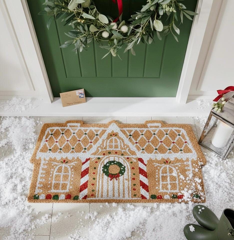 Gingerbread House Doormat, Christmas Welcoming Rug, Soft Non-Slip Washable Entryway Decor