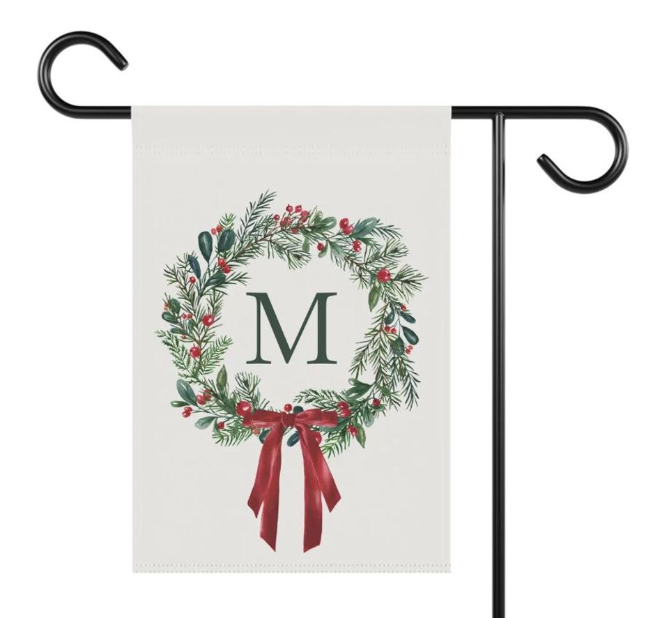 Personalized Christmas Wreath Garden Flag: Holiday Monogram Yard Decor