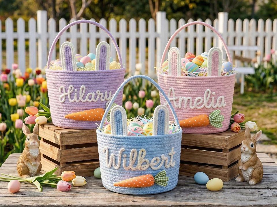 Personalized Easter Basket with Bunny Ears, Handwoven Cotton Rope For Kids Egg Hunt