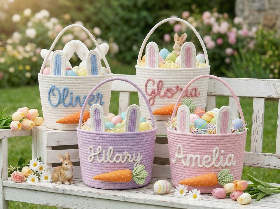 Personalized Easter Basket with Bunny Ears, Handwoven Cotton Rope For Kids Egg Hunt