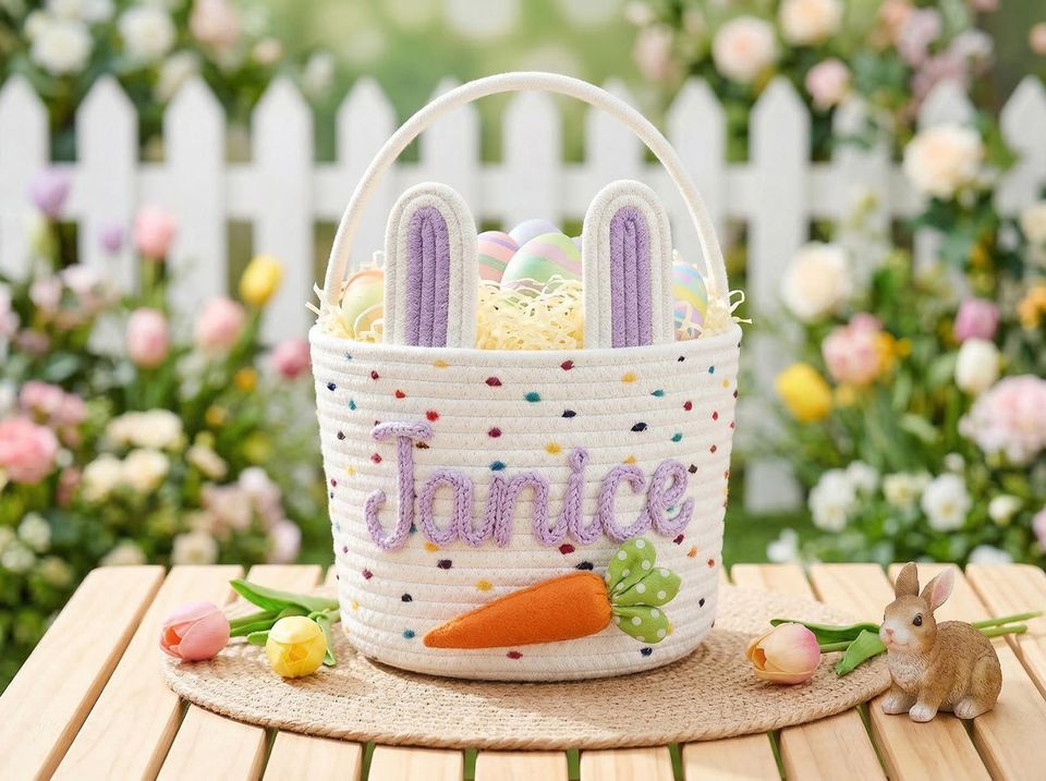 Personalized Easter Basket with Bunny Ears, Handwoven Cotton Rope For Kids Egg Hunt