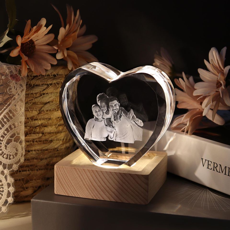Personalized 3D Crystal Photo Heart/with Light Base, Laser Engraved Etched Portrait Crystal Brick Cube, Anniversary Gift, Father's Day Gift