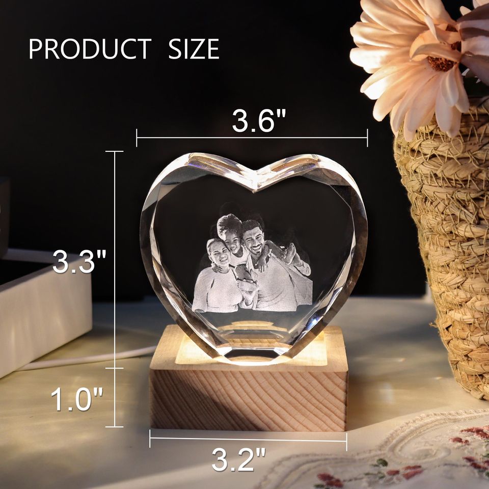 Personalized 3D Crystal Photo Heart/with Light Base, Laser Engraved Etched Portrait Crystal Brick Cube, Anniversary Gift, Father's Day Gift