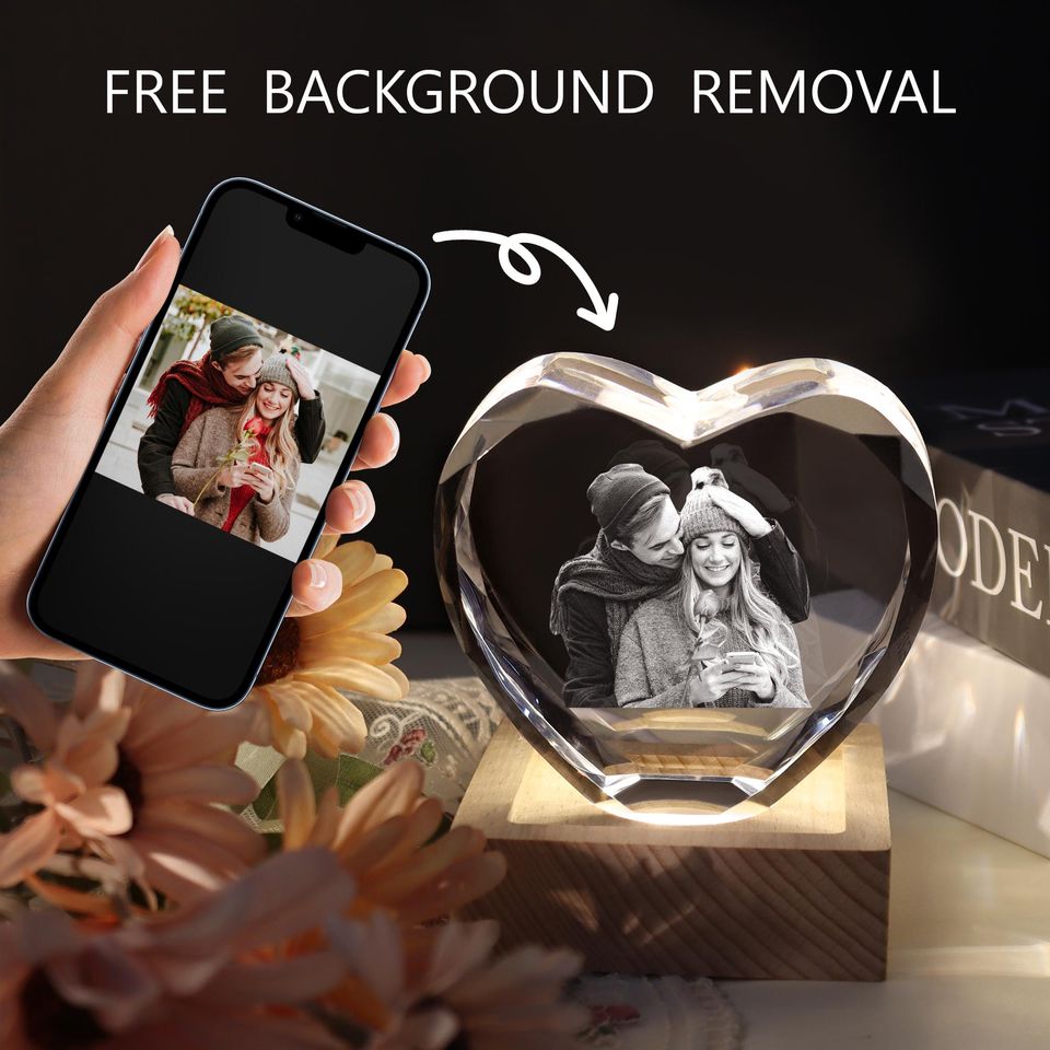 Personalized 3D Crystal Photo Heart/with Light Base, Laser Engraved Etched Portrait Crystal Brick Cube, Anniversary Gift, Father's Day Gift