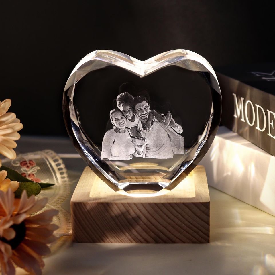 Personalized 3D Crystal Photo Heart/with Light Base, Laser Engraved Etched Portrait Crystal Brick Cube, Anniversary Gift, Father's Day Gift