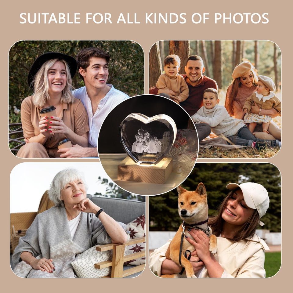 Personalized 3D Crystal Photo Heart/with Light Base, Laser Engraved Etched Portrait Crystal Brick Cube, Anniversary Gift, Father's Day Gift