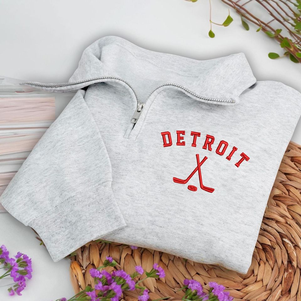 Detroit Hockey Embroidered Quarter Zip Sweatshirt, Cozy Cotton Blend Pullover