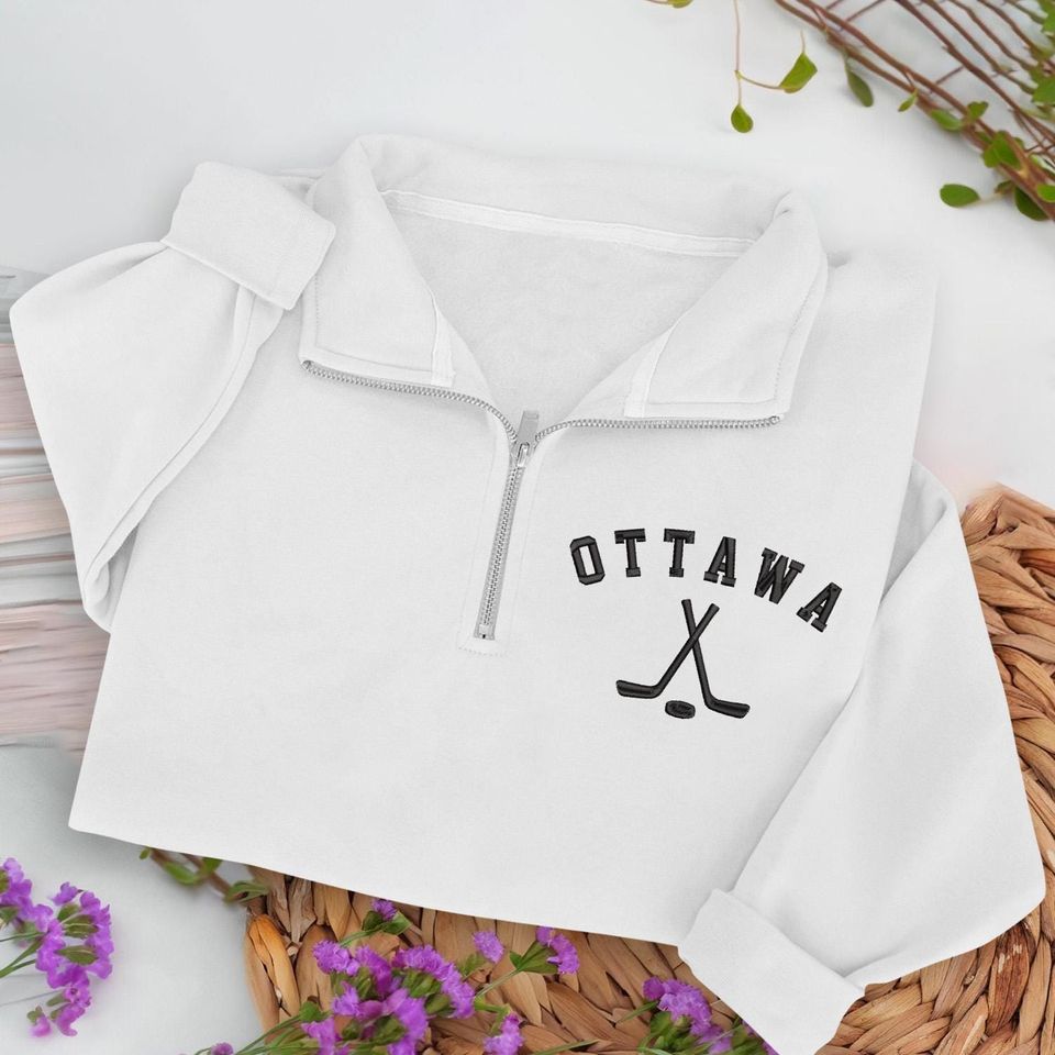 Ottawa Hockey Embroidered Quarter Zip Sweatshirt, Cozy Cotton Blend Pullover