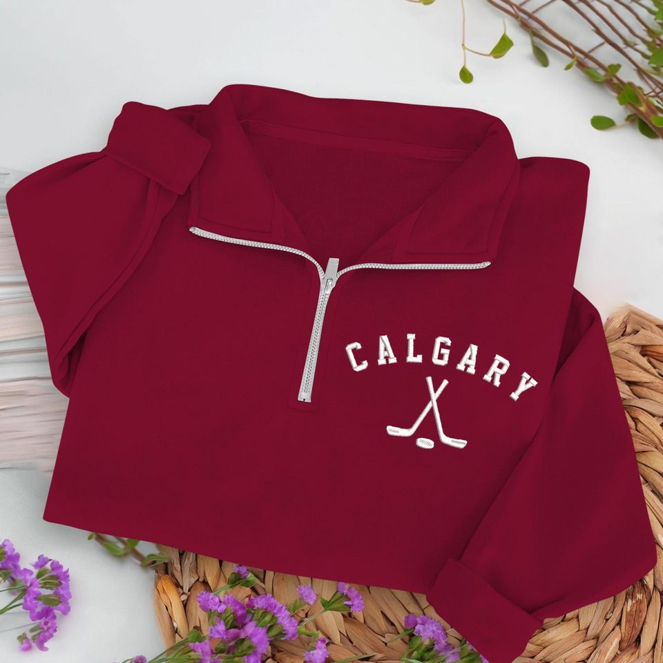 Calgary Hockey Embroidered Quarter Zip Sweatshirt, Cozy Cotton Blend Pullover