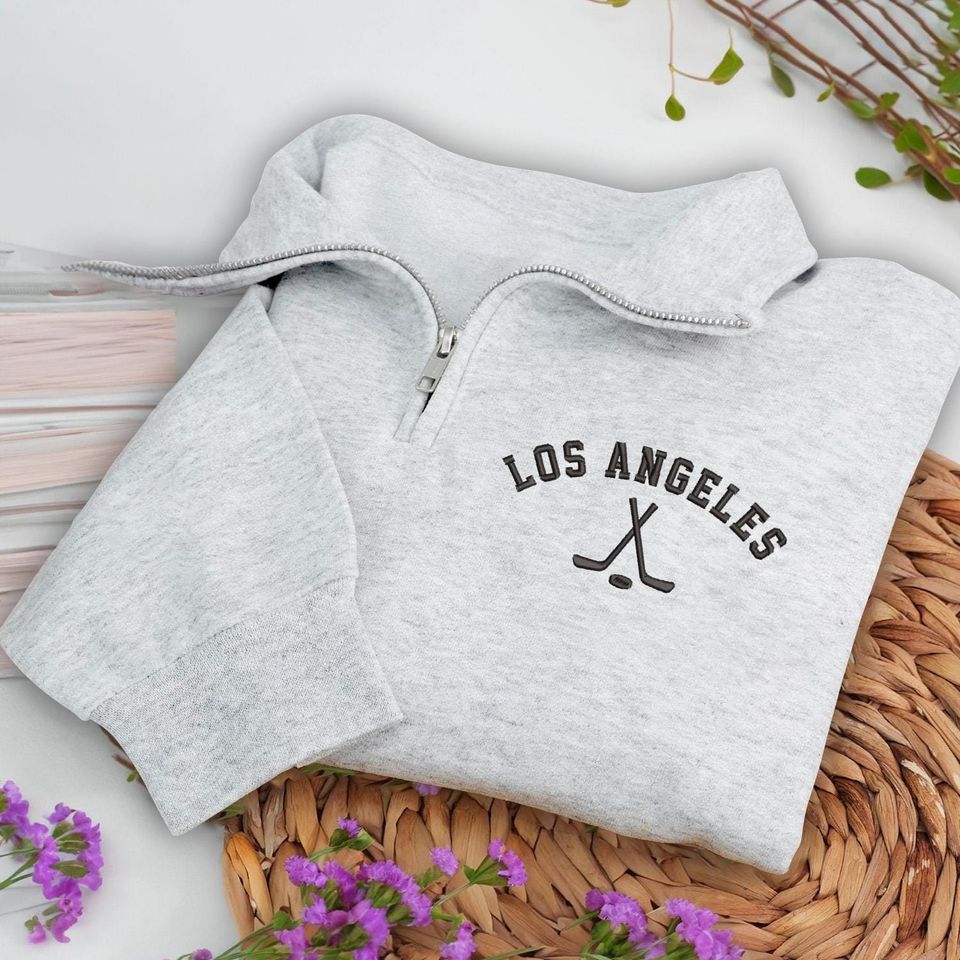 Los Angeles Hockey Embroidered Quarter Zip Sweatshirt, Cozy Cotton Blend Pullover