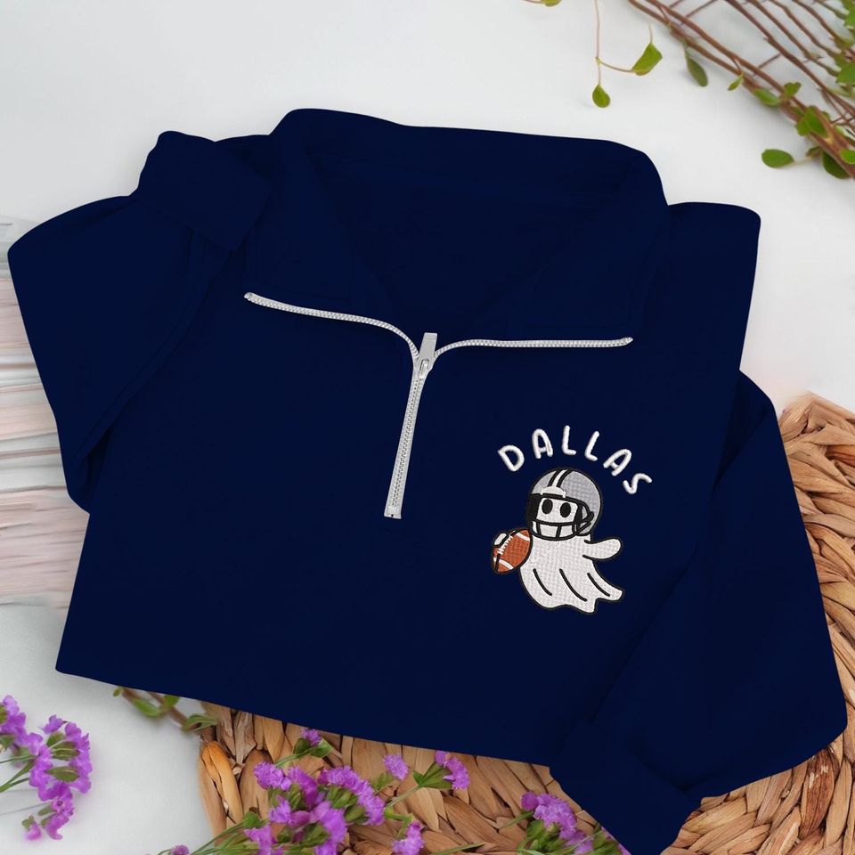 Embroidered Dallas Ghost Football Quarter Zip Sweatshirt: Cozy Game Day, Halloween Pullover