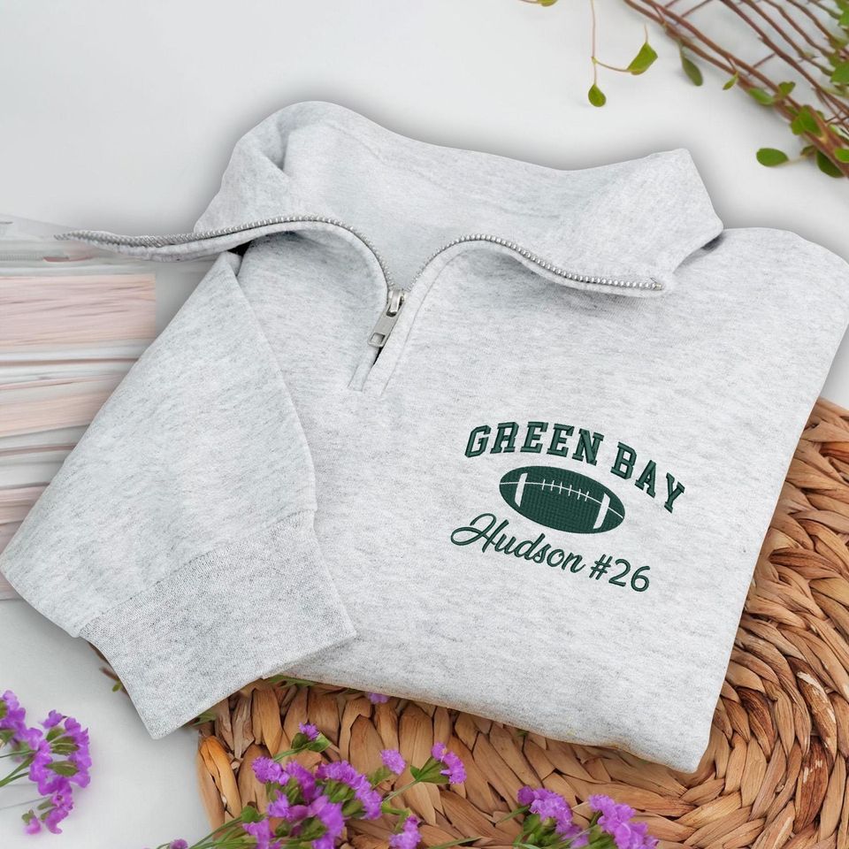 Embroidered Green Bay Quarter Zip Sweatshirt: Personalized Football Pullover, Custom Cozy Game Day