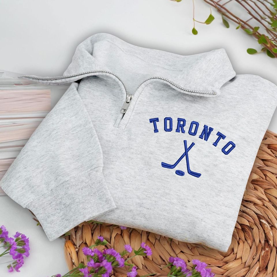 Toronto Hockey Embroidered Quarter Zip Sweatshirt, Cozy Cotton Blend Pullover