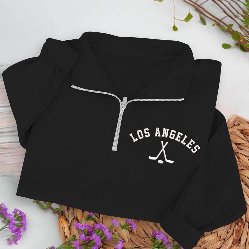 Los Angeles Hockey Embroidered Quarter Zip Sweatshirt, Cozy Cotton Blend Pullover