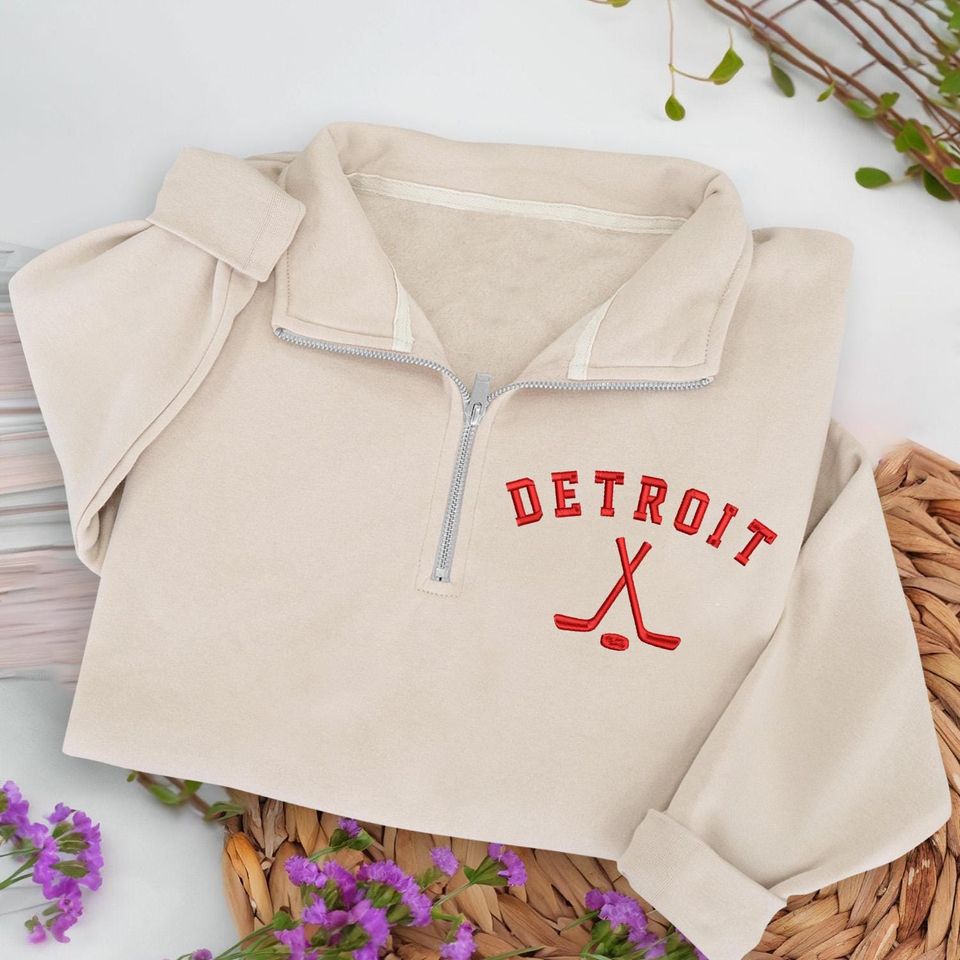 Detroit Hockey Embroidered Quarter Zip Sweatshirt, Cozy Cotton Blend Pullover