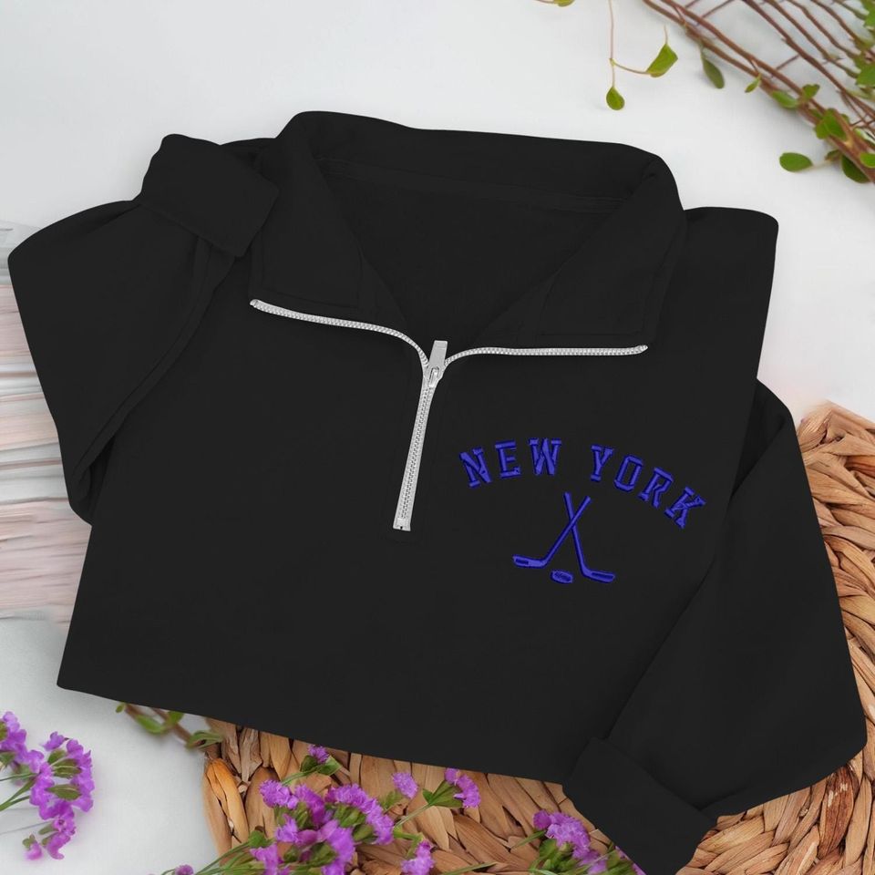 New York Hockey Embroidered Quarter Zip Sweatshirt, Cozy Cotton Blend Pullover