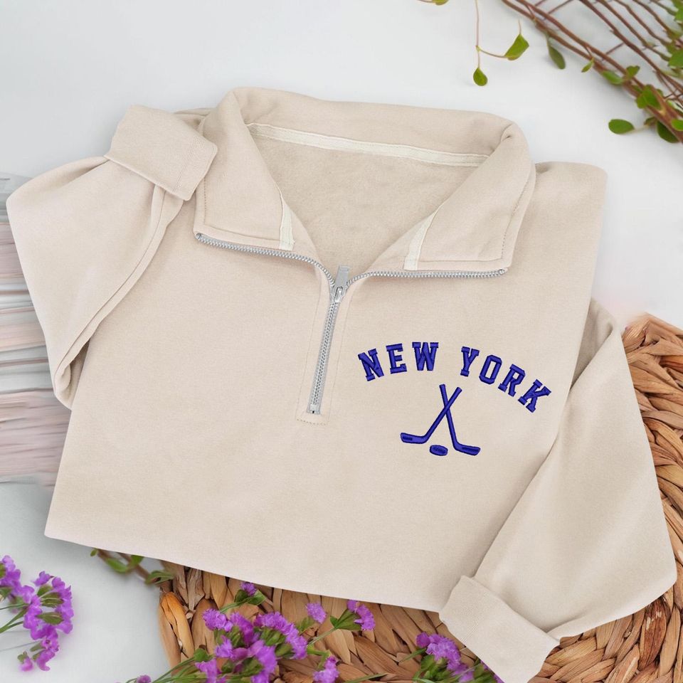 New York Hockey Embroidered Quarter Zip Sweatshirt, Cozy Cotton Blend Pullover