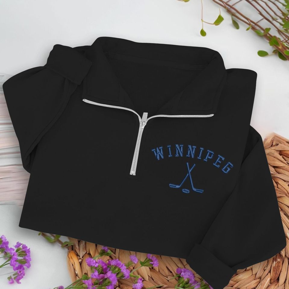 Winnipeg Hockey Embroidered Quarter Zip Sweatshirt, Cozy Cotton Blend Pullover