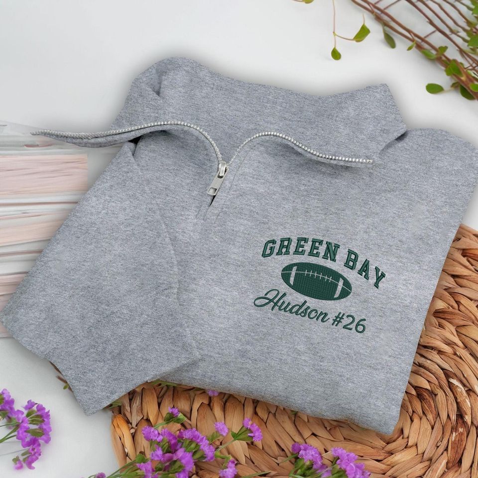 Embroidered Green Bay Quarter Zip Sweatshirt: Personalized Football Pullover, Custom Cozy Game Day