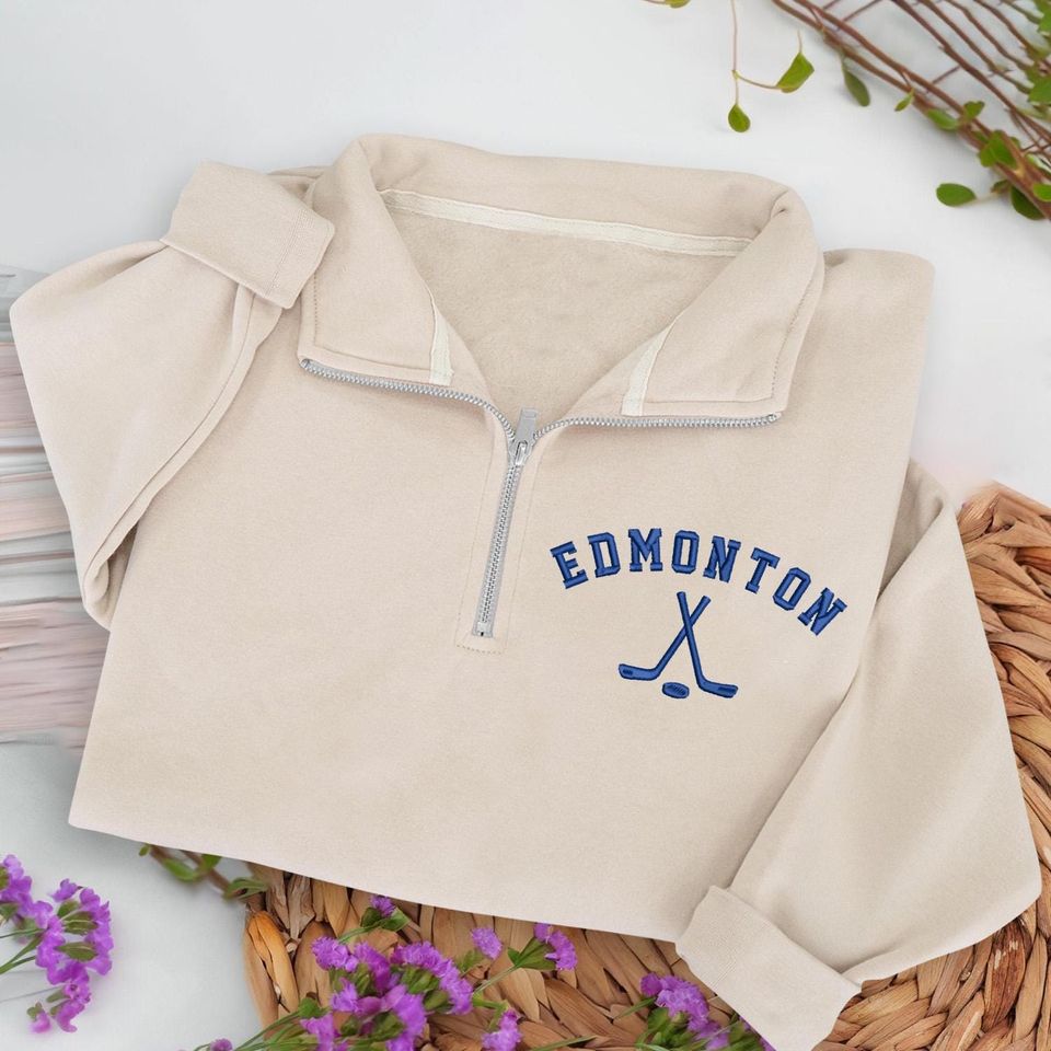 Edmonton Hockey Embroidered Quarter Zip Sweatshirt, Cozy Cotton Blend Pullover