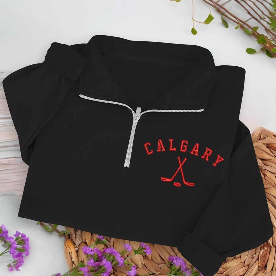 Calgary Hockey Embroidered Quarter Zip Sweatshirt, Cozy Cotton Blend Pullover