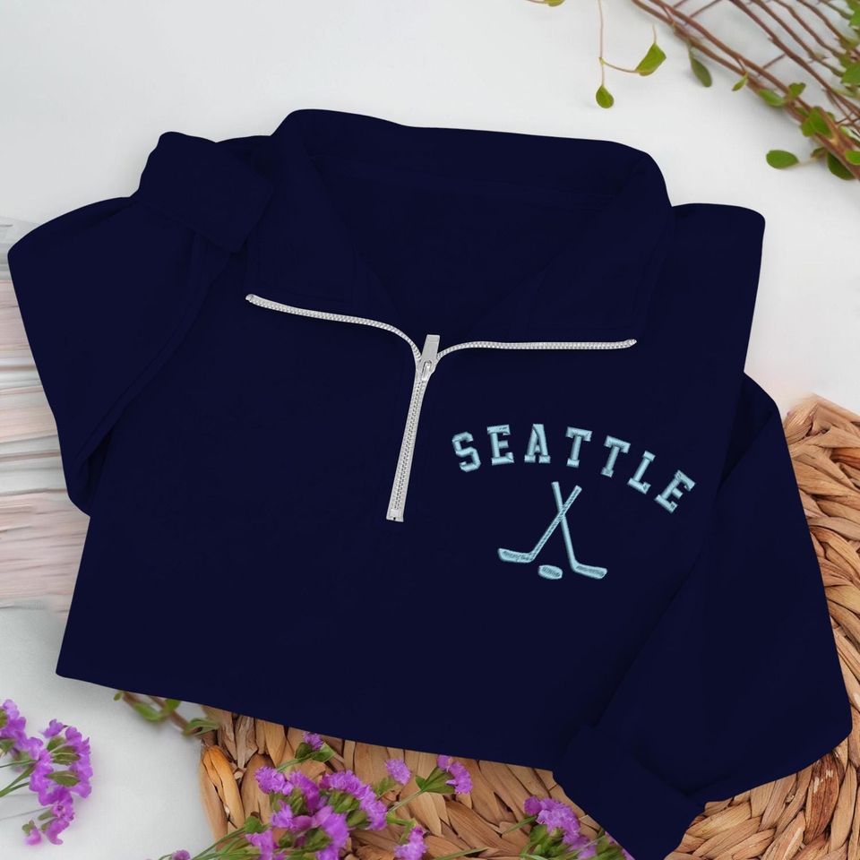 Seattle Hockey Embroidered Quarter Zip Sweatshirt, Cozy Cotton Blend Pullover