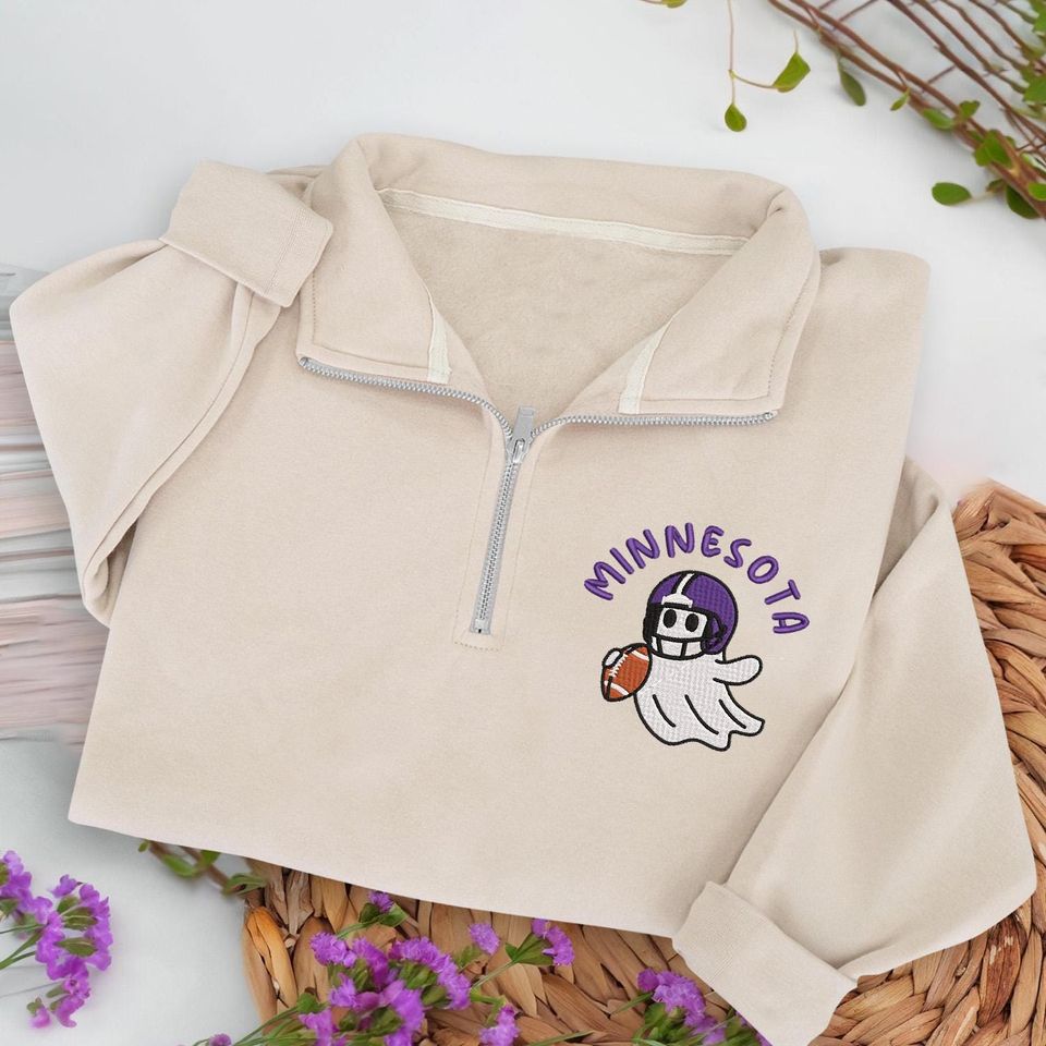 Embroidered Minnesota Ghost Football Quarter Zip Sweatshirt: Cozy Game Day, Halloween Pullover