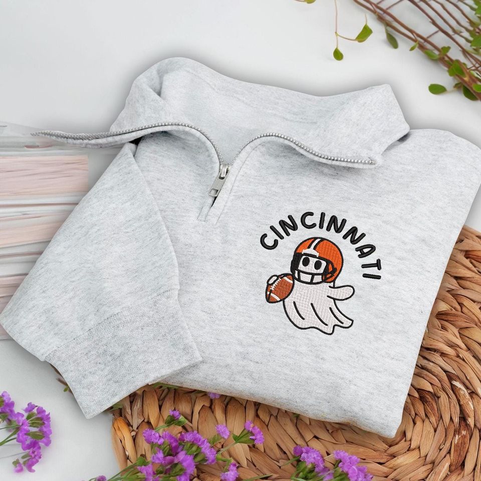 Embroidered Cincinnati Ghost Football Quarter Zip Sweatshirt: Cozy Game Day, Halloween Pullover