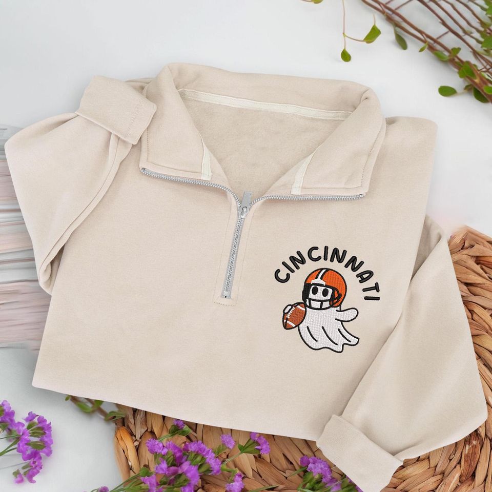 Embroidered Cincinnati Ghost Football Quarter Zip Sweatshirt: Cozy Game Day, Halloween Pullover
