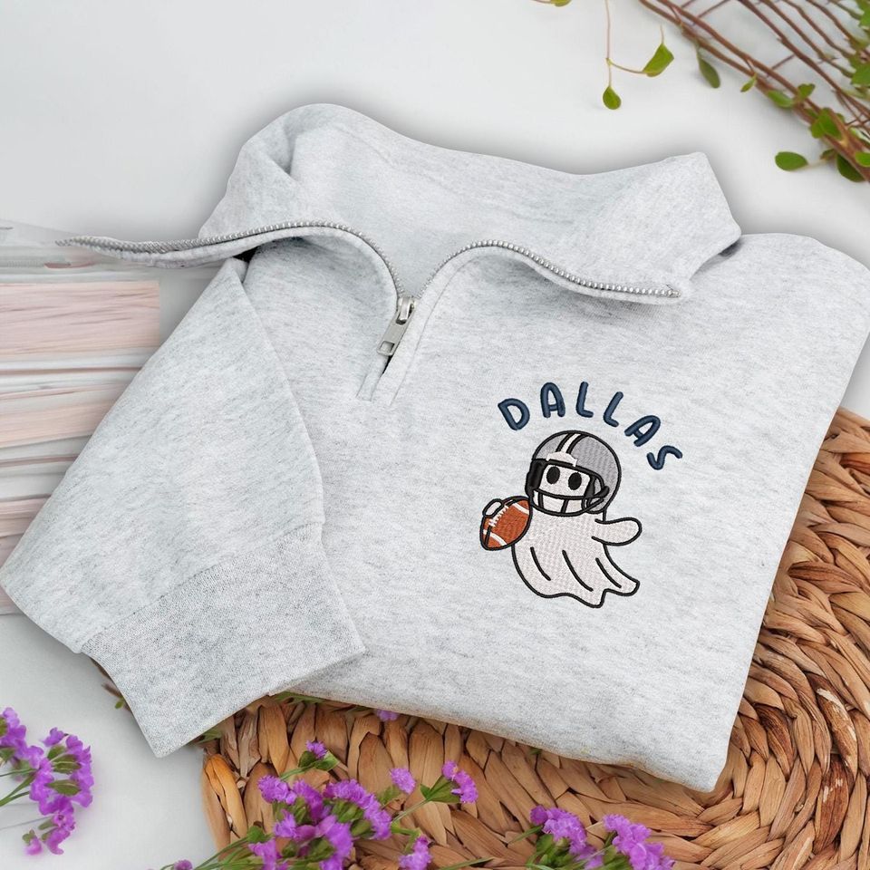 Embroidered Dallas Ghost Football Quarter Zip Sweatshirt: Cozy Game Day, Halloween Pullover