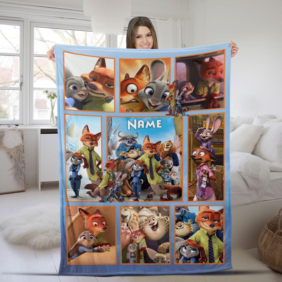 Zootopia Fleece Blanket with Nick Wilde & Judy Hopps Names, Birthday and Christmas Gift