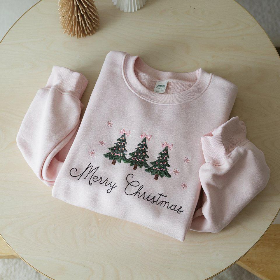 Merry Christmas Embroidered Sweatshirt, Christmas Coquette Crewneck, Embroidered Xmas Tree Sweater, Custom Xmas Gift