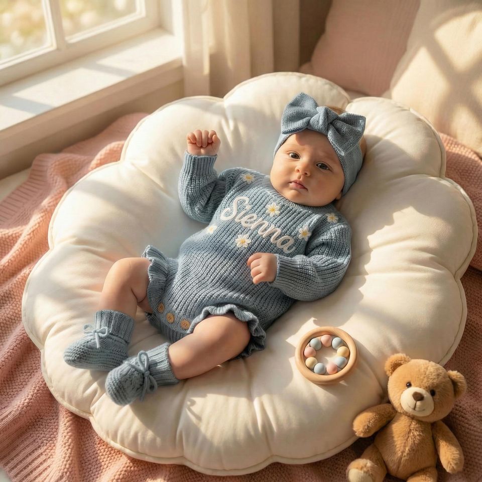 Custom Hand-Embroidered Baby Romper, Heirloom Keepsake Coming Home Outfit