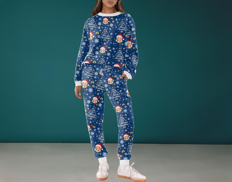 Custom Photo Coral Fleece Pajama Set, Personalized Face Lounge Set