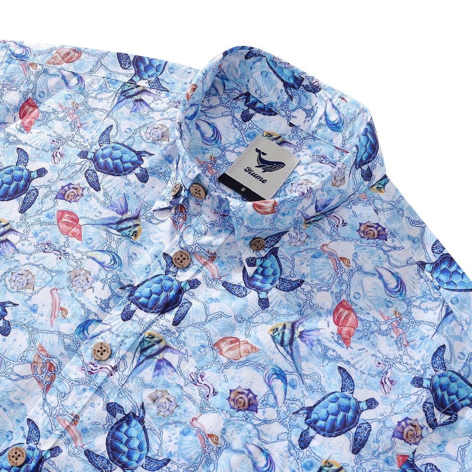 Gift for Him: Blue Sea Turtle Hawaiian Shirt - Cotton Aloha Button Down