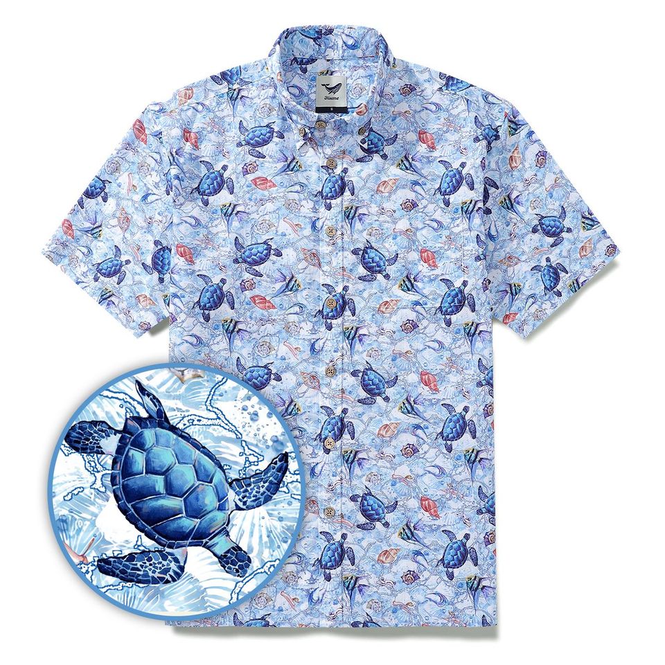 Gift for Him: Blue Sea Turtle Hawaiian Shirt - Cotton Aloha Button Down