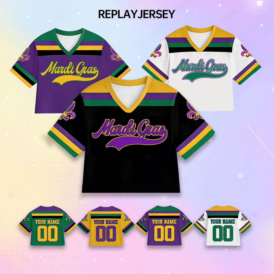 Personalized Mardi Gras Crop Top Jersey, Custom Name & Number