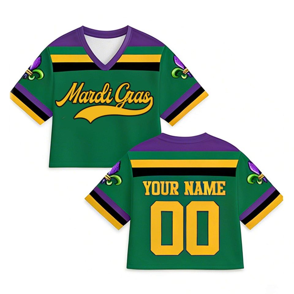 Personalized Mardi Gras Crop Top Jersey, Custom Name & Number