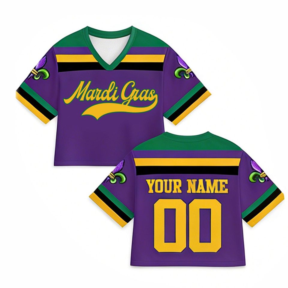 Personalized Mardi Gras Crop Top Jersey, Custom Name & Number